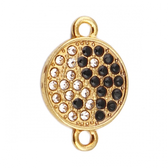 Picture of Zinc Based Alloy Connectors Round 18K Gold Filled Black & Clear Rhinestone 17mm x 12mm, 5 PCs