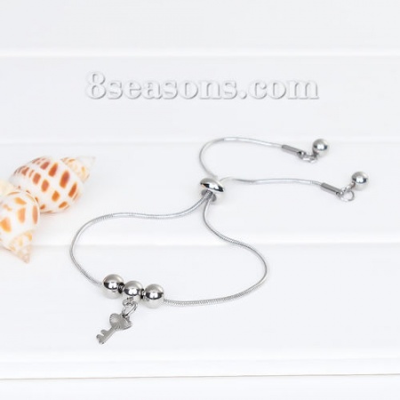 304 Edelstahl Einstellbares Slider/ Slide Armband Schieberarmband Silberfarbe Rund Schlüssel 24cm lang, 1 Stück