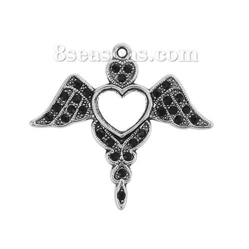 Picture of Zinc Based Alloy Pendants Angel Wing Antique Silver Heart Violet Rhinestone 42mm(1 5/8") x 38mm(1 4/8"), 2 PCs