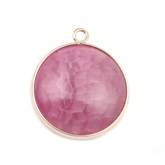 Picture of (Grade A) Agate ( Natural ) Charms Round Gold Plated Fuchsia 28mm x 24mm, 1 Piece