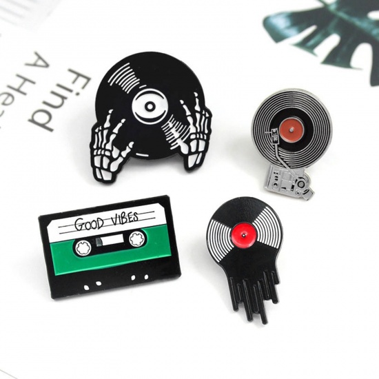 Imagen de Pin Broches Reproductor de discos de vinilo Negro & Rojo Esmalte 26mm x 20mm, 1 Unidad