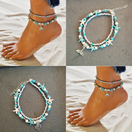 Picture of Ocean Jewelry Multilayer Layered Anklet Silver Tone Blue Shell Star Fish Vintage 21cm(8 2/8") long, 1 Piece