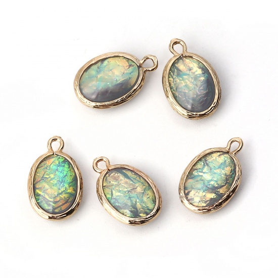 Picture of Copper & Resin AB Rainbow Color Aurora Borealis Charms Oval Light Golden Purple 19mm( 6/8") x 12mm( 4/8"), 5 PCs