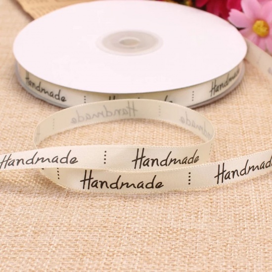 Picture of Polyester Satin Ribbon Taupe Gray Message " Handmade " 10mm( 3/8"), 1 Roll (Approx 45 M/Roll)