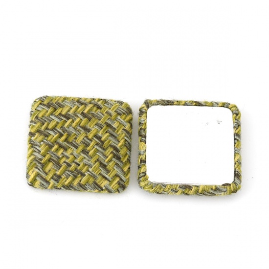 Bild von Zinklegierung Embellishments Cabochons Rund Silberfarbe Olivgrün Gitter Mit Stoff Bedeckt 25mm D., 10 Stück
