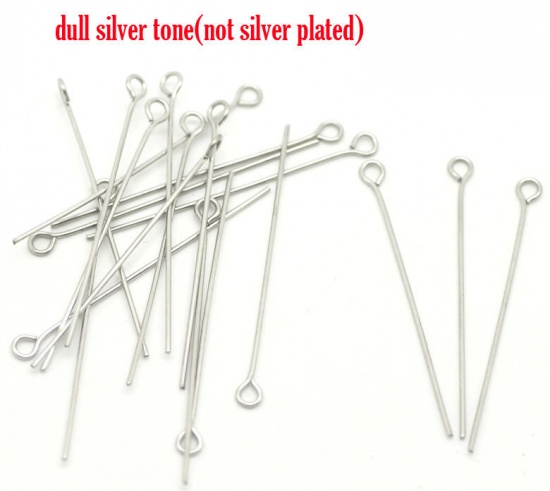 Picture of 304 Stainless Steel Eye Pins Silver Tone 4cm(1 5/8") long, 0.7mm (21 gauge), 200 PCs