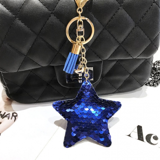 Bild von Terylen Schlüsselkette & Schlüsselring Pentagramm Stern Bunt Quaste Paillette 15cm x 8cm, 1 Stück