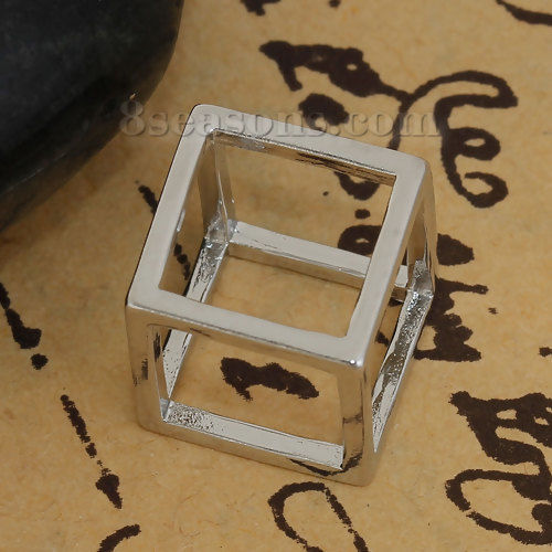 Picture of Brass 3D Charms Geometric Cube Silver Tone Hollow 12mm( 4/8") x 12mm( 4/8"), 2 PCs                                                                                                                                                                            