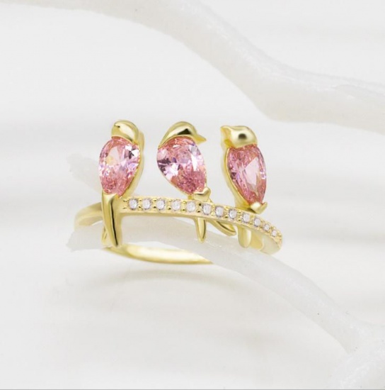Picture of Brass Micro Pave Unadjustable Rings Gold Plated Bird Animal Pink Cubic Zirconia 16.5mm( 5/8")(US Size 6), 1 Piece                                                                                                                                             