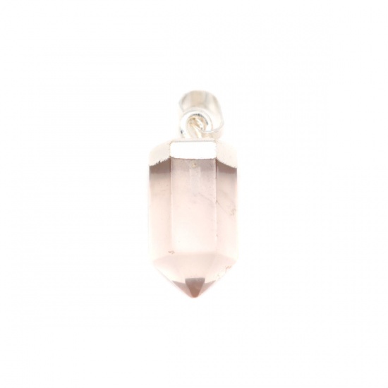 Picture of Copper & Rose Quartz ( Natural ) Charms Silver Plated Light Pink Hexagonal Prism 25mm x 9mm - 24mm x 8mm, 1 Piece