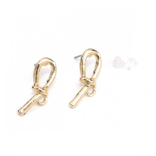 Picture of Zinc Based Alloy Ear Post Stud Earrings Findings Knot Gold Plated W/ Loop 24mm x 22mm, Post/ Wire Size: (21 gauge), 10 PCs