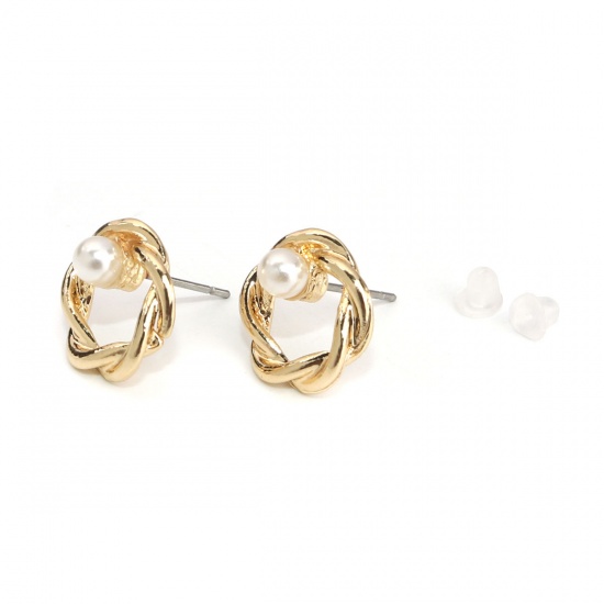 Picture of Zinc Based Alloy Ear Post Stud Earrings Findings Fish Animal Gold Plated White Acrylic Imitation Pearl W/ Loop 12mm x 7mm, Post/ Wire Size: (21 gauge), 10 PCs