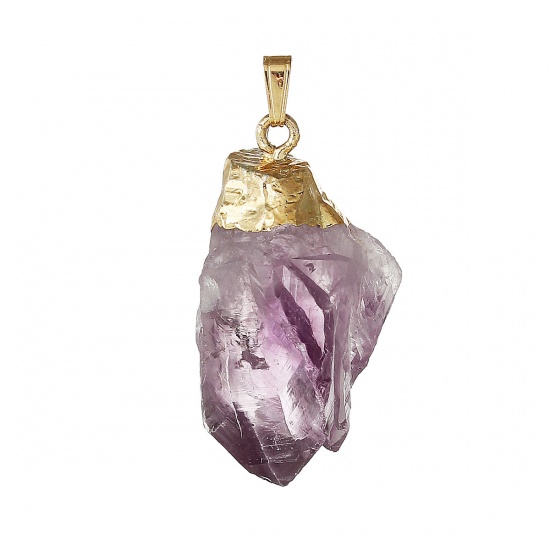 Picture of February Birthstone - (Grade A) Amethyst (Natural) Druzy /Drusy Pendants Irregular Gold Plated Purple 39mm x19mm(1 4/8" x 6/8") - 30mm x16mm(1 1/8" x 5/8"), 1 Piece