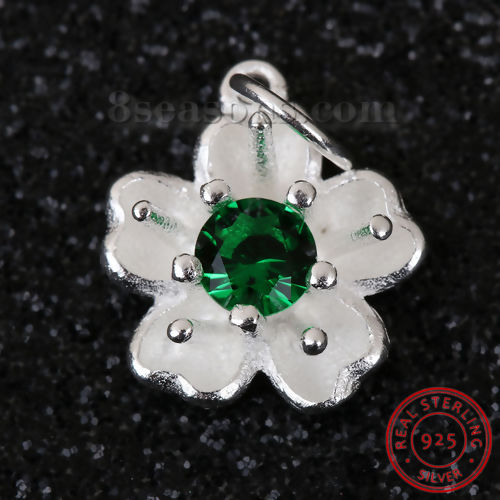 Picture of Sterling Silver Charms Silver Flower W/ Jump Ring Green Rhinestone 14mm( 4/8") x 10mm( 3/8"), 1 Piece
