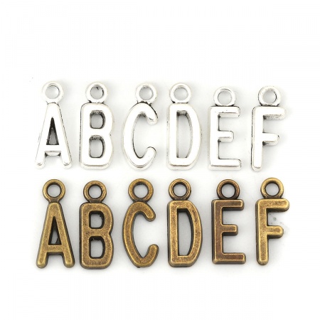 Zinc Based Alloy Charms Alphabet/ Letter Antique Silver Mixed Message " A-Z " 16mm x5mm( 5/8" x 2/8") - 16mm x11mm( 5/8" x 3/8"), 1 Set ( 26 PCs/Set)