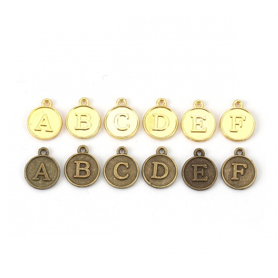 Picture of Zinc Based Alloy Charms Round Gold Plated Mixed Initial Alphabet/ Letter Message " A-Z " 15mm( 5/8") x 13mm( 4/8"), 1 Set ( 26 PCs/Set)