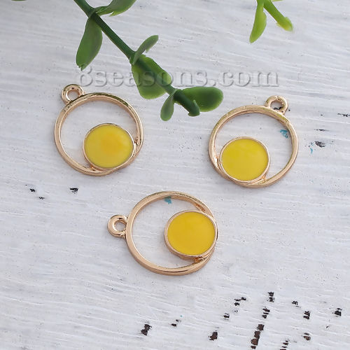 Picture of Zinc Based Alloy Charms Geometric Gold Plated Blue Round Enamel 20mm( 6/8") x 16mm( 5/8"), 10 PCs