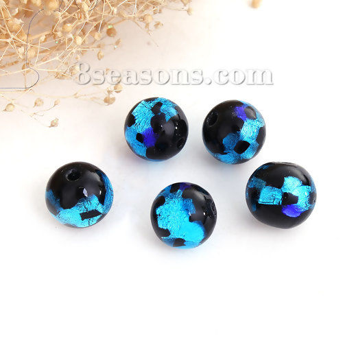 Picture of Lampwork Glass Beads Round Blue Foil About 12mm( 4/8") Dia, Hole: Approx 1.8mm, 3 PCs