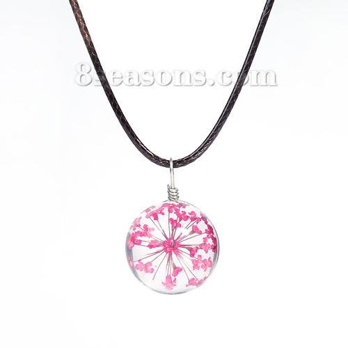 Picture of New Fashion Four Leaf Clover Clear Glass Round Pendant Necklace Coffe Wax Cord 45cm(17 6/8") long, 1 Piece