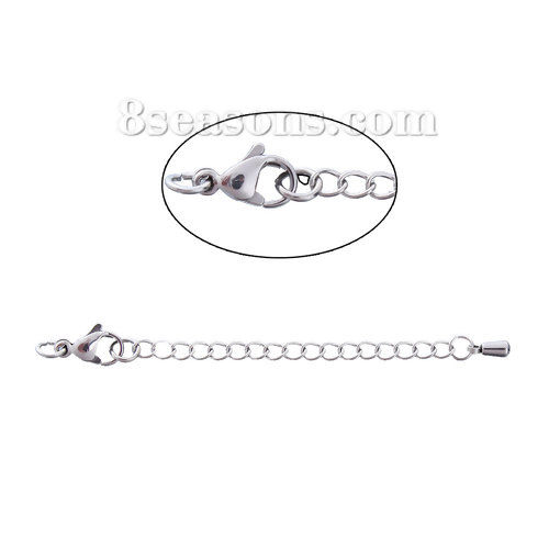 Picture of Stainless Steel Extender Chain For Jewelry Necklace Bracelet Silver Tone Heart Drop 7.5cm(3") long, Usable Chain Length: 5cm, 2 PCs