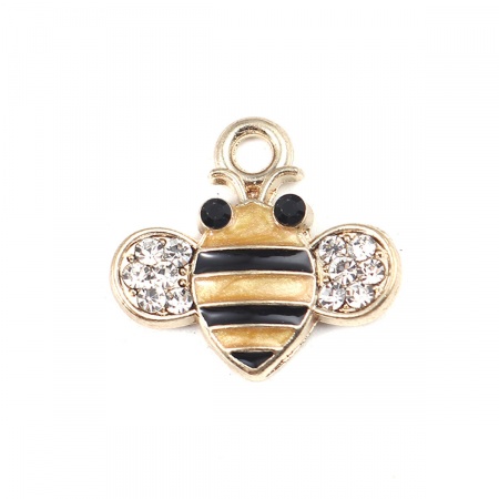 Zinc Based Alloy Charms Bee Animal Gold Plated Orange-red Clear Rhinestone Enamel 18mm( 6/8") x 17mm( 5/8"), 10 PCs