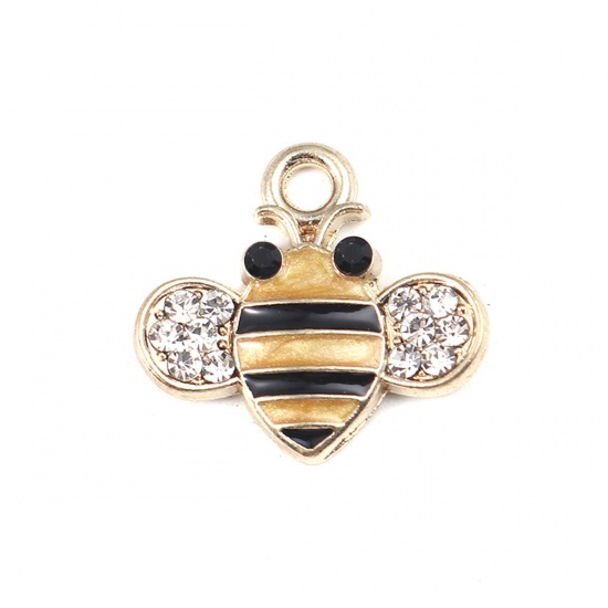 Picture of Zinc Based Alloy Charms Bee Animal Gold Plated Orange-red Clear Rhinestone Enamel 18mm( 6/8") x 17mm( 5/8"), 10 PCs