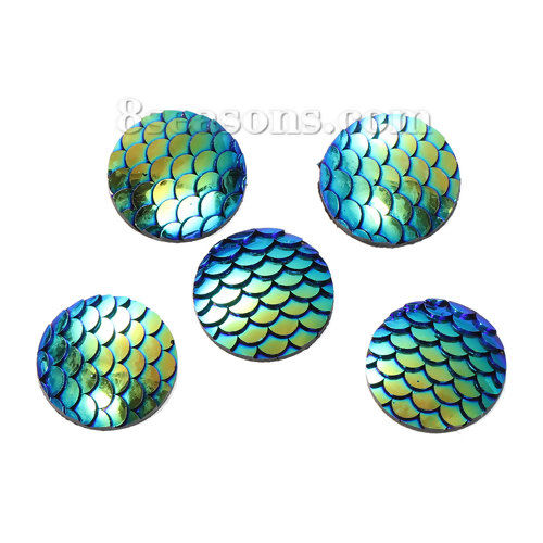 Picture of Resin Mermaid Fish /Dragon Scale Dome Seals Cabochon Round Blue AB Color 18mm( 6/8") Dia, 10 PCs
