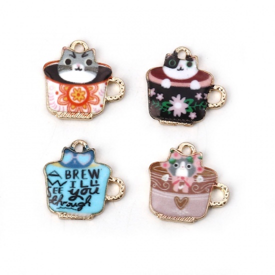 Picture of Zinc Based Alloy Charms Cup Gold Plated Multicolor Cat Enamel 15mm( 5/8") x 14mm( 4/8"), 10 PCs