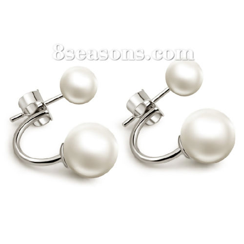 Picture of ABS Ear Post Stud Earrings Silver Tone White Flower Clear Rhinestone Imitation Pearl 15mm( 5/8") x 14mm( 4/8"), Post/ Wire Size: (21 gauge), 1 Pair