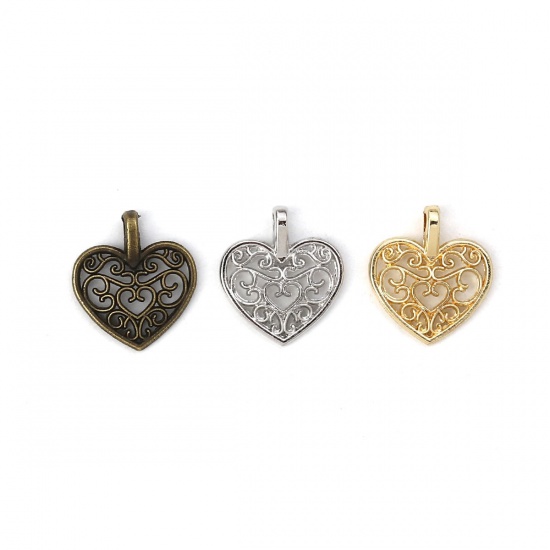 Picture of Zinc Metal Alloy Charm Pendants Heart Antique Silver Pattern Carved Hollow 16mm( 5/8") x 15mm( 5/8"), 50 PCs