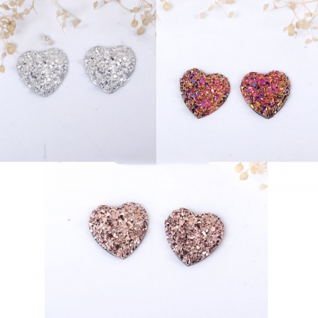 Resina Druzy/ Drusy Dome Seals Cabochon Cuore Argento 13mm x 12mm, 50 Pz