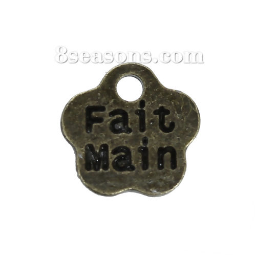 Picture of Zinc Based Alloy Charms Flower Antique Bronze French Message " FaitMain " Carved 8mm( 3/8") x 8mm( 3/8"), 100 PCs