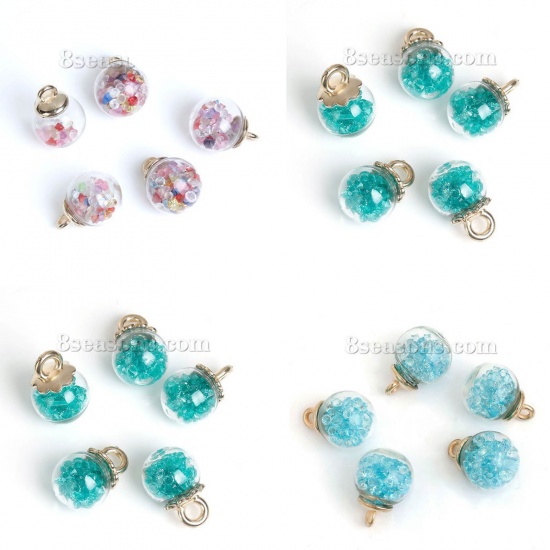 Picture of Transparent Glass Globe Bottle Charms Gold Plated Multicolor Rhinestone 22mm( 7/8") x 16mm( 5/8"), 10 PCs