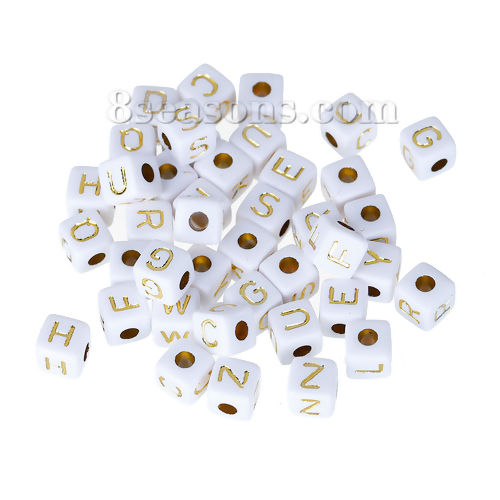 Immagine di Acrilato Separatori Perline Quadrato Bianco Lettera Disegno Circa 9mm x 9mm, Foro: Circa 4mm, 100 Pz