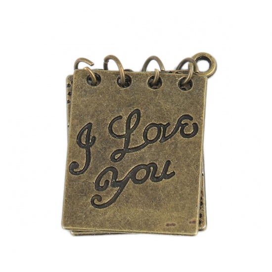 Picture of Zinc Based Alloy College Jewelry Charms Notebook Antique Bronze Message " I Love you " Can Open 29mm x 23mm, 2 PCs