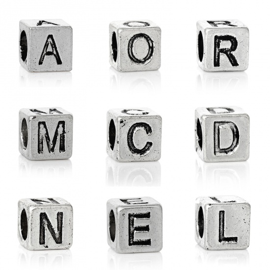 Picture of Zinc Metal Alloy European Style Large Hole Charm Beads Cube Antique Silver Color Alphabet/Letter "A" Carved About 7mm x 7mm, Hole: Approx 4.7mm, 20 PCs
