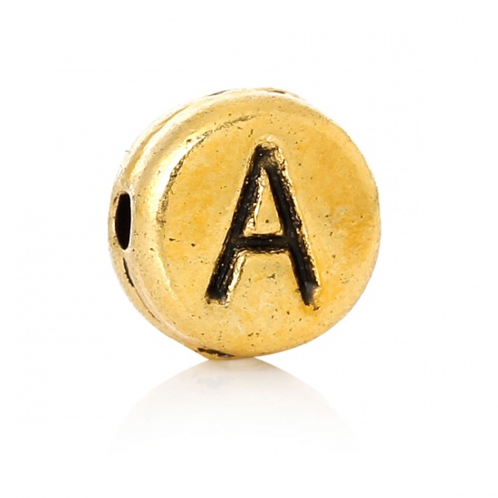 Picture of Zinc Based Alloy Spacer Beads Flat Round Gold Tone Antique Gold Alphabet /Letter "A" Carved About 7mm Dia, Hole:Approx 1.2mm, 100 PCs