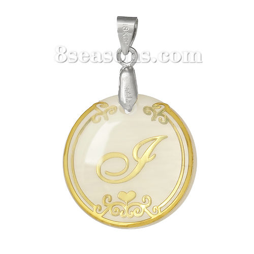 Picture of Resin & Shell Pendants Round Natural Color Initial Alphabet/ Letter "I" 33mm(1 2/8") x 22mm( 7/8"), 3 PCs