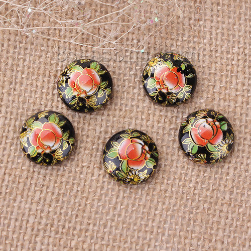 Picture of Resin Japan Painting Vintage Japanese Tensha Dome Seals Cabochon Round Black Rose Flower Pattern 18mm( 6/8") Dia, 10 PCs