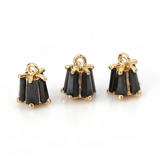Picture of Brass & Cubic Zirconia Charms Flower Gold Plated Black Rectangle 7mm( 2/8") x 5mm( 2/8"), 2 PCs