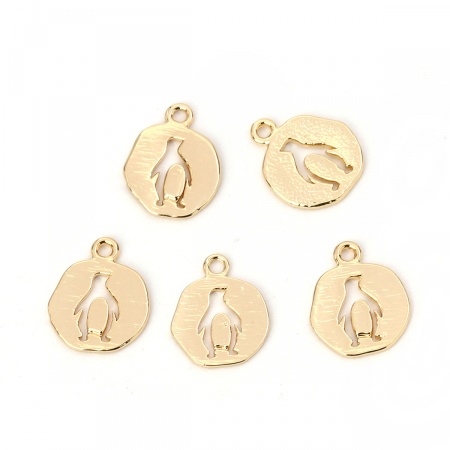 Ottone Charms Tondo Oro Placcato Pinguino Animale 14mmx 11mm, 5 Pz