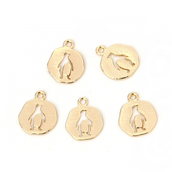 Imagen de Latón Colgantes Charms Ronda Chapado en Oro Pingüino 14mm x 11mm, 5 Unidades