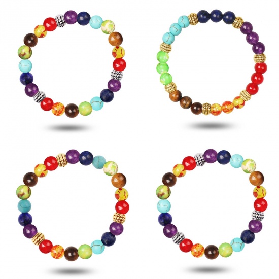 Image de Bracelets Raffinés Bracelets Délicats Bracelet de Perles en Gemme Yoga ( Naturel ) Doré Multicolore Rond Elastique 19cm Long, 1 Pièce