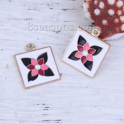 Picture of Zinc Based Alloy Charms Square Gold Plated Orange Flower Enamel Embroidery Effect 24mm(1") x 19mm( 6/8"), 5 PCs