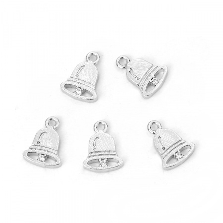 Brass Charms Bell Silver Tone Clear Rhinestone 10mm( 3/8") x 7mm( 2/8"), 3 PCs