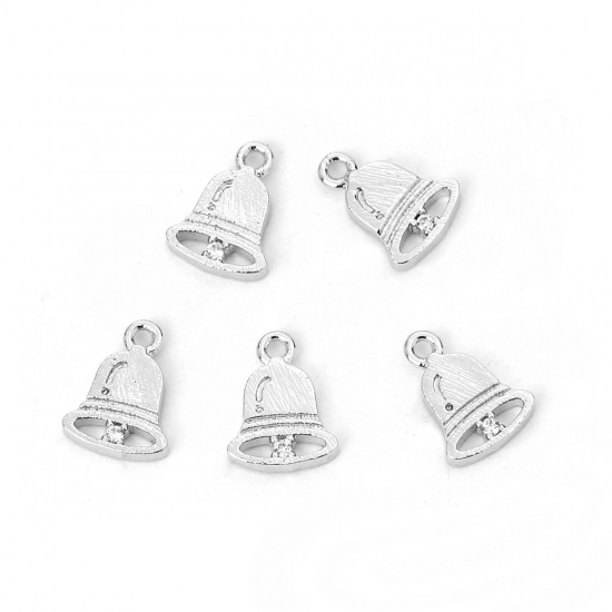 Imagen de Latón Colgantes Charms Cascabel Tono de Plata Transparente Rhinestone 10mm x 7mm, 3 Unidades