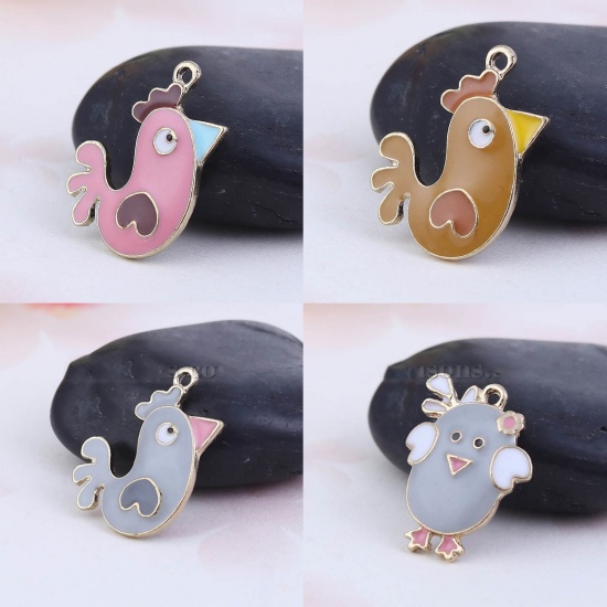 Picture of Zinc Based Alloy Fairy Tale Collection Charms Chicken Gold Plated Pink Enamel 23mm( 7/8") x 18mm( 6/8"), 5 PCs