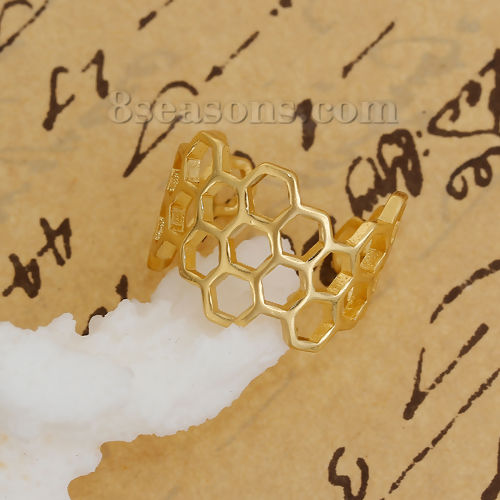 Picture of Brass Open Rings Gold Plated Hollow Honeycomb 16.5mm( 5/8")(US Size 6), 1 Piece                                                                                                                                                                               