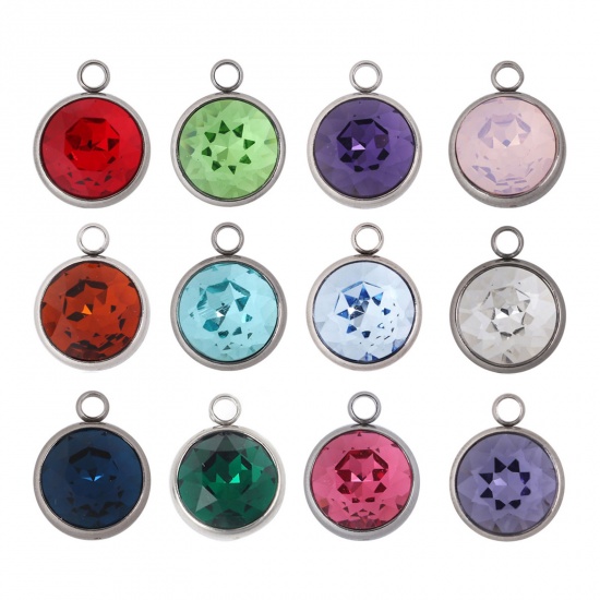 Picture of 304 Stainless Steel July Birthstone Charms Round Silver Tone Faceted Fuchsia Glass Rhinestone 18mm( 6/8") x 14mm( 4/8"), 1 Piece
