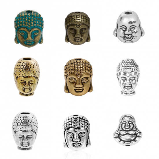 Immagine di Lega di Zinco 3D Separatori Perline Argento Antico Statua di Budda Scolpisce Circa 11mm x 9mm, Foro:Circa 1.7mm, 20 Pz